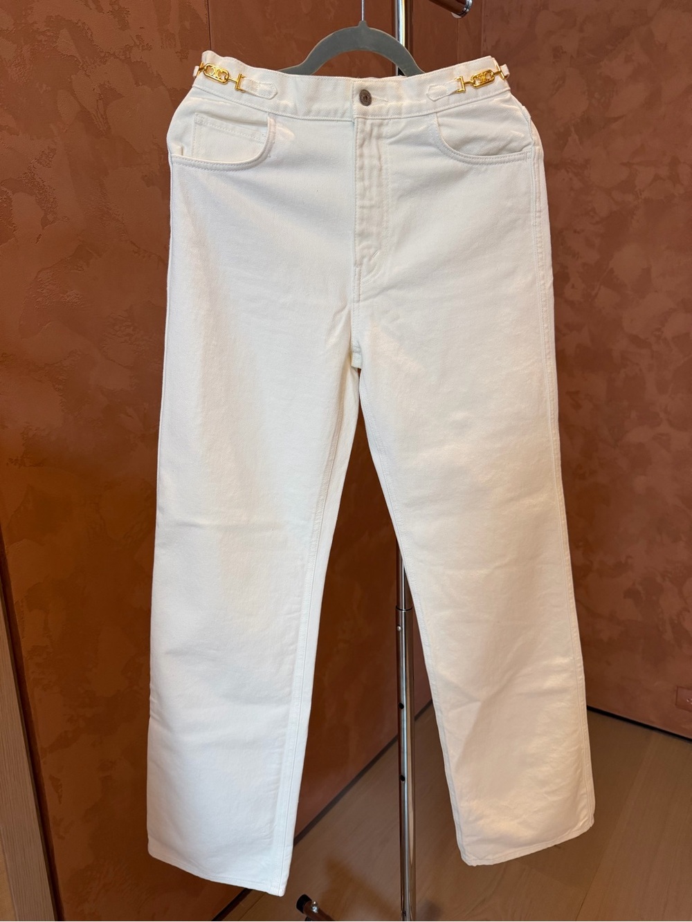 Celine White Triomphe Chain Detail High-Waisted Jeans.
